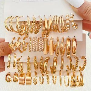 24Pairs Golden Hoop Earrings Set With Faux Pearl Decor Sexy Simple Style Jewelry